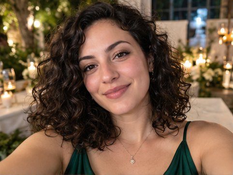 Beispiel-Selfie: Frau mit lockigem Haar im grünen Kleid