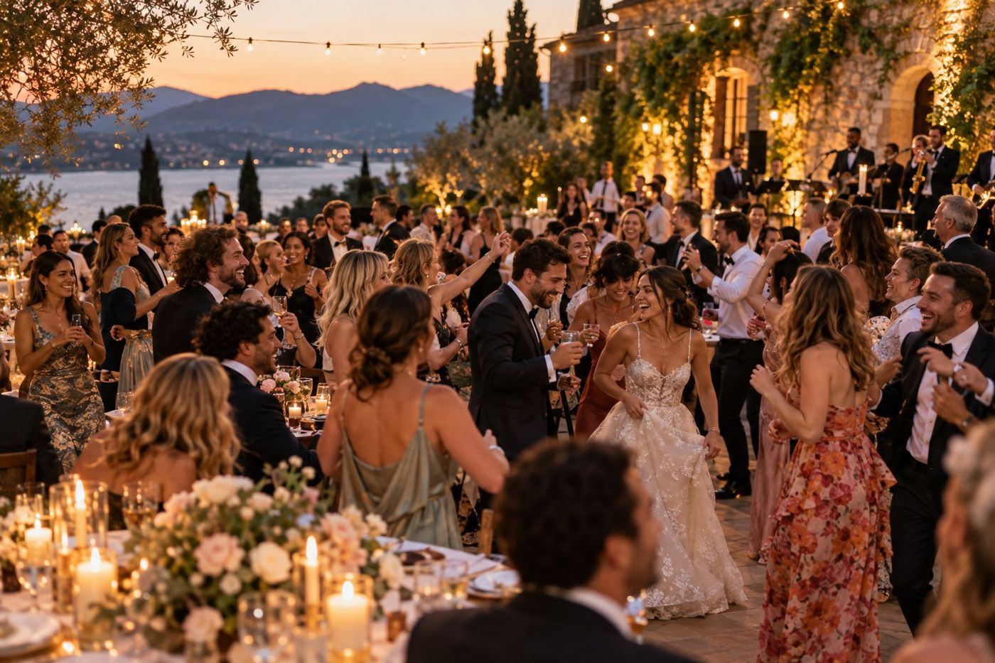 Hochzeitsfoto: große Hochzeit am See bei Sonnenuntergang, tanzende Gäste mit der Braut