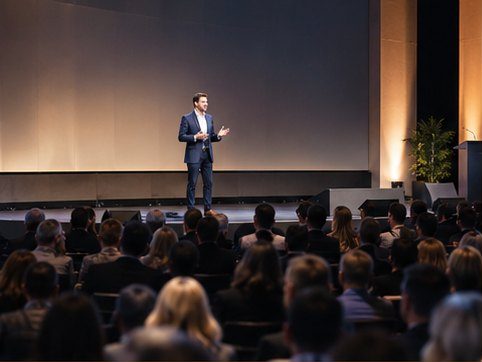 Album eines Firmenevents: Sprecher auf der Bühne und der Saal
